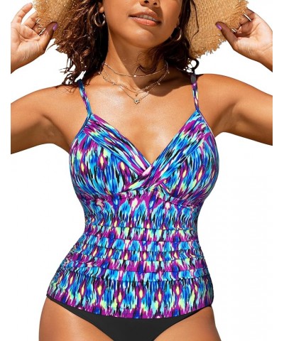 Women Tankini Tops V Neck Twist Swim Tops Ruched Tummy Control Bathing Suit Top Blue Pop Pattern $17.99 Swimsuits