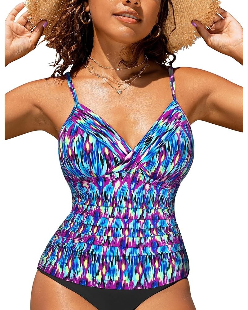 Women Tankini Tops V Neck Twist Swim Tops Ruched Tummy Control Bathing Suit Top Blue Pop Pattern $17.99 Swimsuits