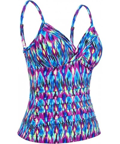 Women Tankini Tops V Neck Twist Swim Tops Ruched Tummy Control Bathing Suit Top Blue Pop Pattern $17.99 Swimsuits