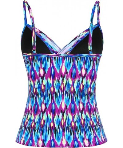 Women Tankini Tops V Neck Twist Swim Tops Ruched Tummy Control Bathing Suit Top Blue Pop Pattern $17.99 Swimsuits