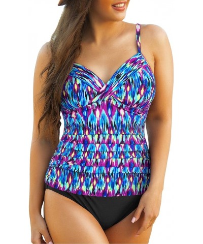 Women Tankini Tops V Neck Twist Swim Tops Ruched Tummy Control Bathing Suit Top Blue Pop Pattern $17.99 Swimsuits