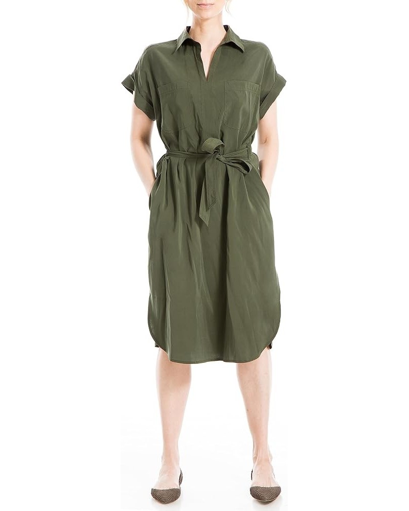 Women's Short Sleeve Collared Neck Dress with Waist Tie Detail Olive $19.01 Dresses