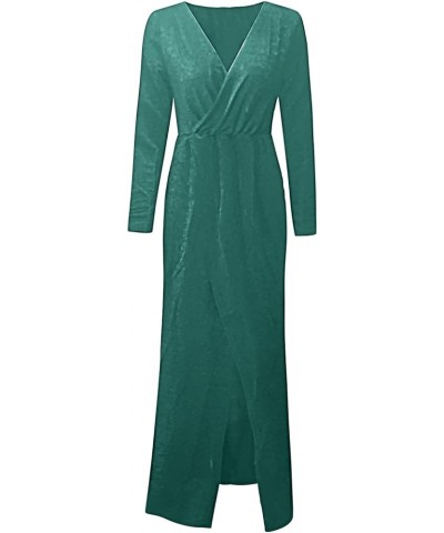 Women Formal Dress Wedding Bridesmaid Dress Sequin Slit Long Sleeve V Neck Beaded Evening Gown Dresses Z-04 Green $19.71 Dresses