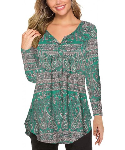 Women's Floral Printed Long Sleeve Henley Shirts V Neck Pleated Casual Flare Tunic Blouse Tops Dark Green $15.50 Tops