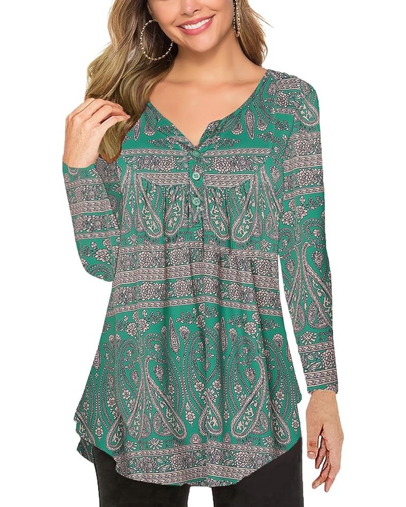 Women's Floral Printed Long Sleeve Henley Shirts V Neck Pleated Casual Flare Tunic Blouse Tops Dark Green $15.50 Tops