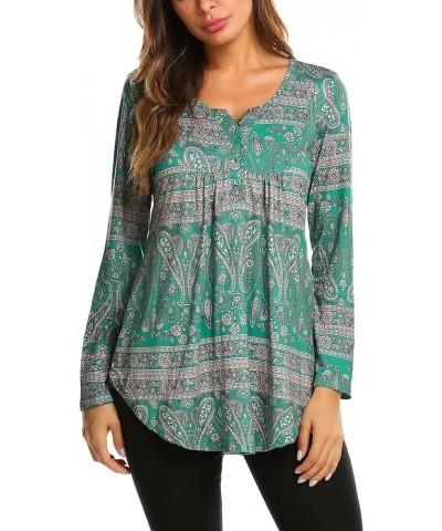 Women's Floral Printed Long Sleeve Henley Shirts V Neck Pleated Casual Flare Tunic Blouse Tops Dark Green $15.50 Tops