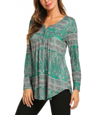 Women's Floral Printed Long Sleeve Henley Shirts V Neck Pleated Casual Flare Tunic Blouse Tops Dark Green $15.50 Tops