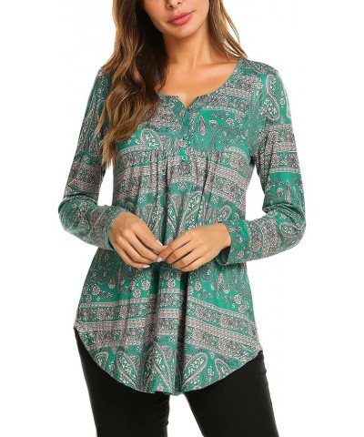 Women's Floral Printed Long Sleeve Henley Shirts V Neck Pleated Casual Flare Tunic Blouse Tops Dark Green $15.50 Tops