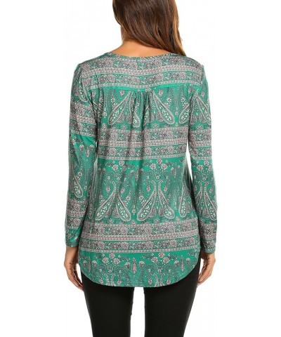 Women's Floral Printed Long Sleeve Henley Shirts V Neck Pleated Casual Flare Tunic Blouse Tops Dark Green $15.50 Tops