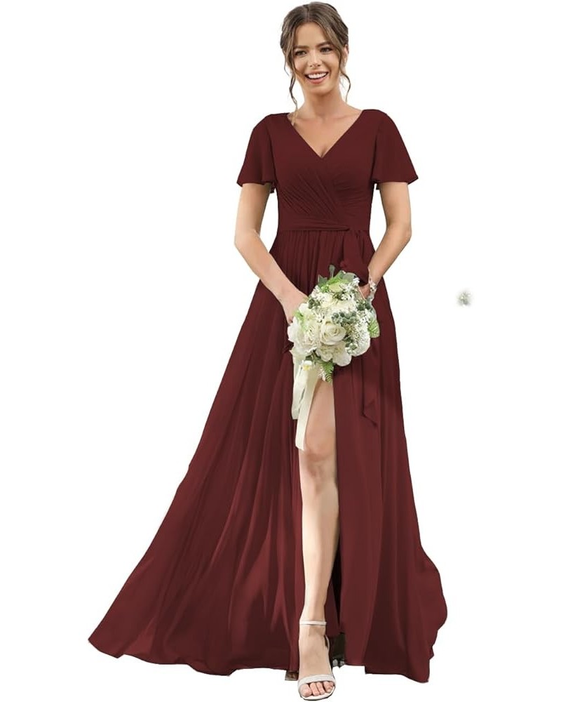 Women's Flutter Sleeves Bridesmaid Dress with Slit V Neck Faux-Wrap Chiffon Long Formal Dresses with Pockets TN028 Burgundy $...