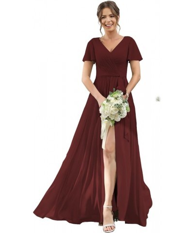 Women's Flutter Sleeves Bridesmaid Dress with Slit V Neck Faux-Wrap Chiffon Long Formal Dresses with Pockets TN028 Burgundy $...