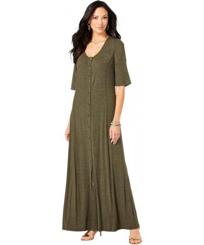 Women's Plus Size Button Front Maxi Dress Dark Olive Green Melange $33.11 Dresses