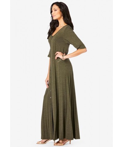 Women's Plus Size Button Front Maxi Dress Dark Olive Green Melange $33.11 Dresses