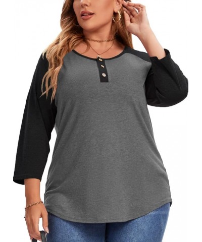 Plus Size Summer Tops for Women 3/4 Sleeve V Neck Blouses Button Down Blouse Black $10.60 Tops