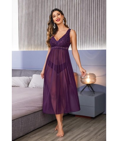 Women Lingerie Lace Babydoll Nightdress Mesh Chemise V Neck Sleepwear 1-purple $14.33 Lingerie