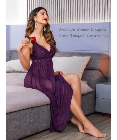 Women Lingerie Lace Babydoll Nightdress Mesh Chemise V Neck Sleepwear 1-purple $14.33 Lingerie