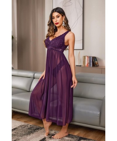 Women Lingerie Lace Babydoll Nightdress Mesh Chemise V Neck Sleepwear 1-purple $14.33 Lingerie