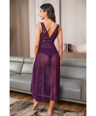 Women Lingerie Lace Babydoll Nightdress Mesh Chemise V Neck Sleepwear 1-purple $14.33 Lingerie