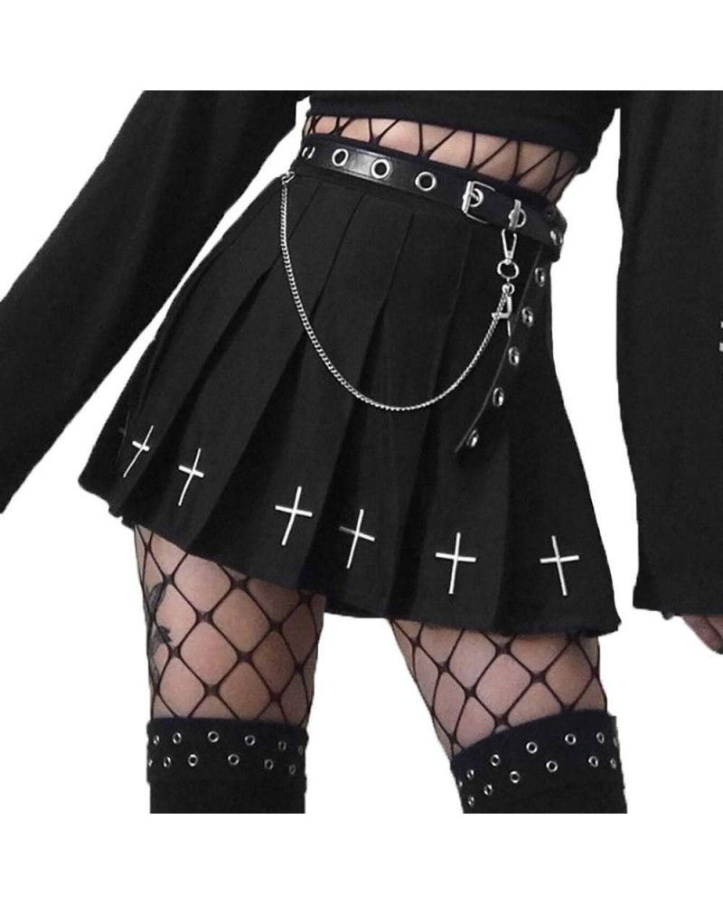 Cross Print Black Pleated Skirt with Chain Goth Punk High Waist Skater Skirts School Dark Uniform 1 Black $13.74 Skirts