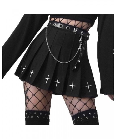 Cross Print Black Pleated Skirt with Chain Goth Punk High Waist Skater Skirts School Dark Uniform 1 Black $13.74 Skirts