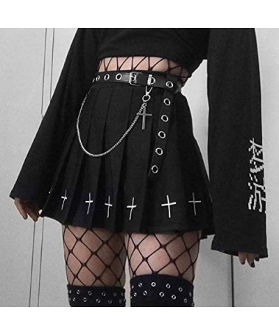 Cross Print Black Pleated Skirt with Chain Goth Punk High Waist Skater Skirts School Dark Uniform 1 Black $13.74 Skirts