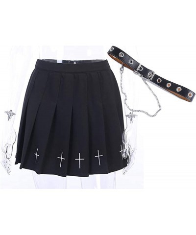 Cross Print Black Pleated Skirt with Chain Goth Punk High Waist Skater Skirts School Dark Uniform 1 Black $13.74 Skirts