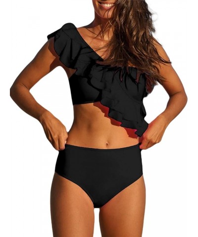 Women's Ruffle One Shoulder Bikini Mid Waist Bikini Swimsuit 2 Piece Bathing Suit Black $15.40 Swimsuits