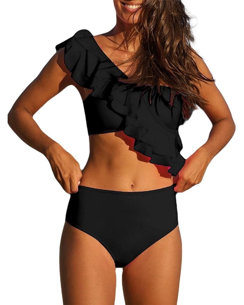 Women's Ruffle One Shoulder Bikini Mid Waist Bikini Swimsuit 2 Piece Bathing Suit Black $15.40 Swimsuits