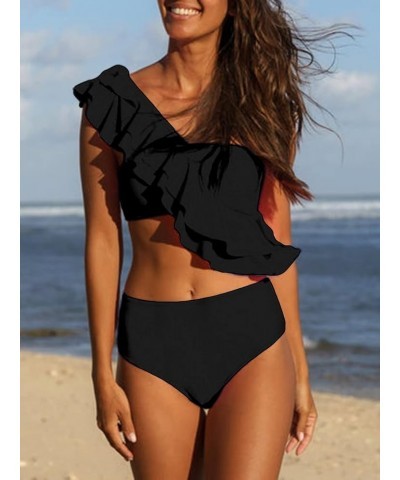 Women's Ruffle One Shoulder Bikini Mid Waist Bikini Swimsuit 2 Piece Bathing Suit Black $15.40 Swimsuits