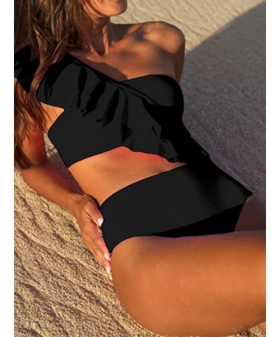 Women's Ruffle One Shoulder Bikini Mid Waist Bikini Swimsuit 2 Piece Bathing Suit Black $15.40 Swimsuits