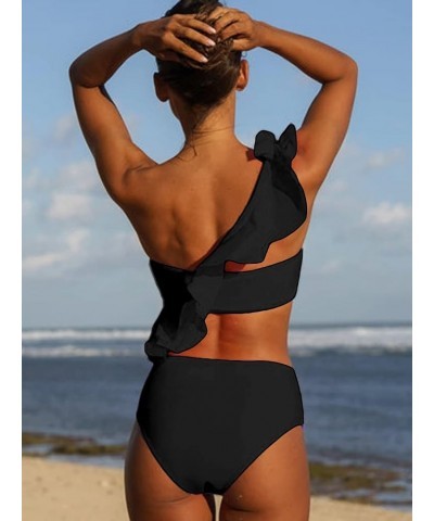 Women's Ruffle One Shoulder Bikini Mid Waist Bikini Swimsuit 2 Piece Bathing Suit Black $15.40 Swimsuits