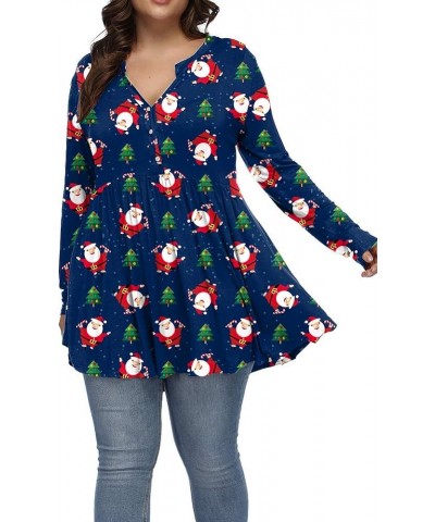 Womens Plus Size Tops Fall Long Sleeve Boho Dressy V Neck Floral Tunic Shirts Dark Blue Snowman $7.64 Tops