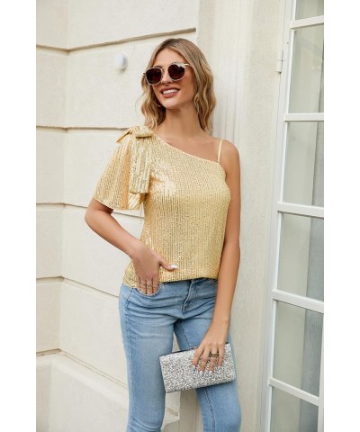 Sparkly Sequin Tops for Women One Shoulder Slimming Sexy Asymmetrical Glitter Tops Sparkle Party Shirts Gold $13.99 Tanks