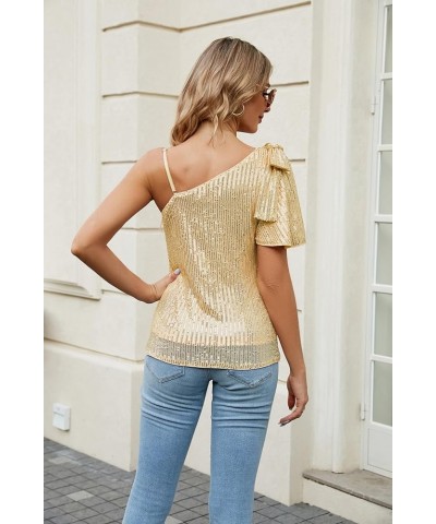 Sparkly Sequin Tops for Women One Shoulder Slimming Sexy Asymmetrical Glitter Tops Sparkle Party Shirts Gold $13.99 Tanks