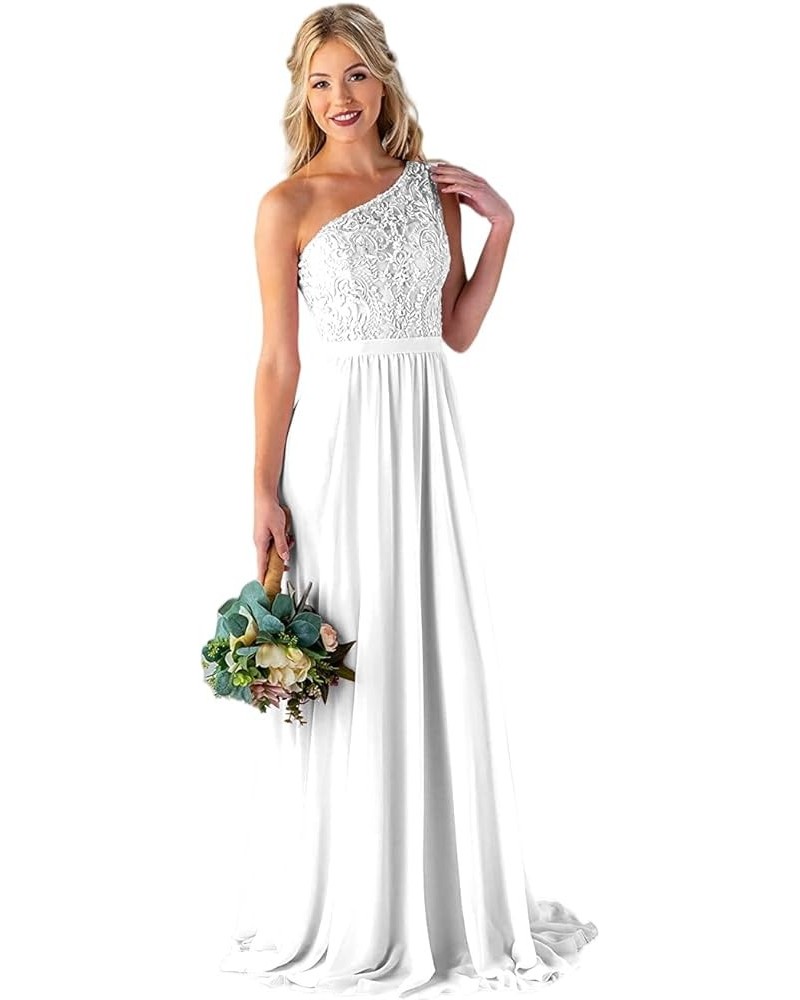 Women's One Shoulder Bridesmaid Dresses Long for Wedding with Pockets Lace Bodice A-Line Chiffon Formal Party Gown White $35....