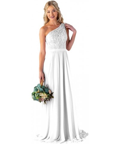 Women's One Shoulder Bridesmaid Dresses Long for Wedding with Pockets Lace Bodice A-Line Chiffon Formal Party Gown White $35....