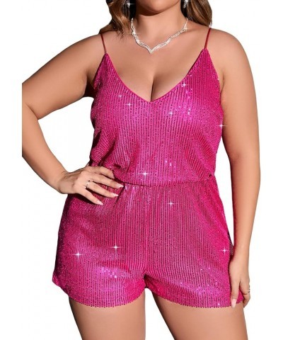 Women's Plus Size Sequin V Neck Sleeveless Spaghetti Strap Cami Romper Jumpsuits Hot Pink $23.39 Rompers