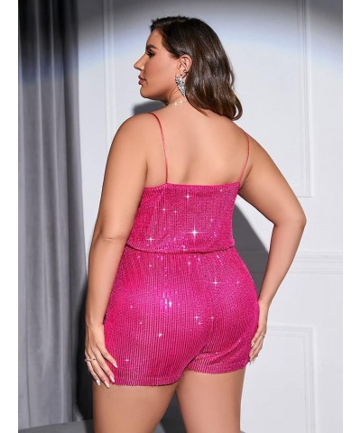 Women's Plus Size Sequin V Neck Sleeveless Spaghetti Strap Cami Romper Jumpsuits Hot Pink $23.39 Rompers