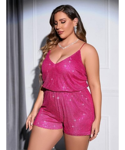 Women's Plus Size Sequin V Neck Sleeveless Spaghetti Strap Cami Romper Jumpsuits Hot Pink $23.39 Rompers