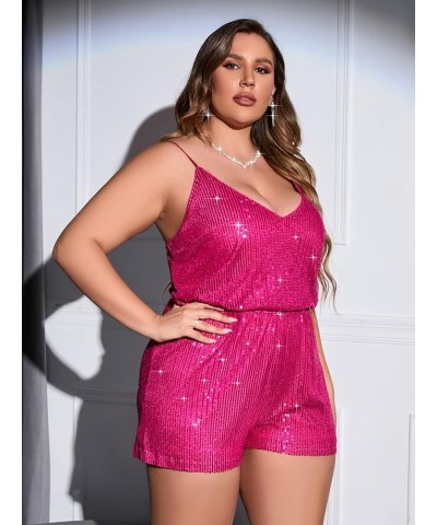 Women's Plus Size Sequin V Neck Sleeveless Spaghetti Strap Cami Romper Jumpsuits Hot Pink $23.39 Rompers