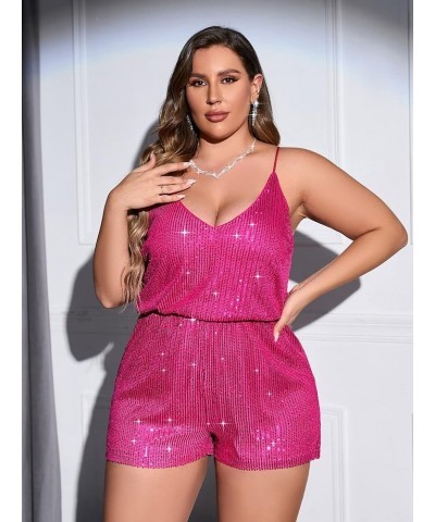 Women's Plus Size Sequin V Neck Sleeveless Spaghetti Strap Cami Romper Jumpsuits Hot Pink $23.39 Rompers