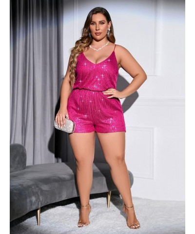 Women's Plus Size Sequin V Neck Sleeveless Spaghetti Strap Cami Romper Jumpsuits Hot Pink $23.39 Rompers