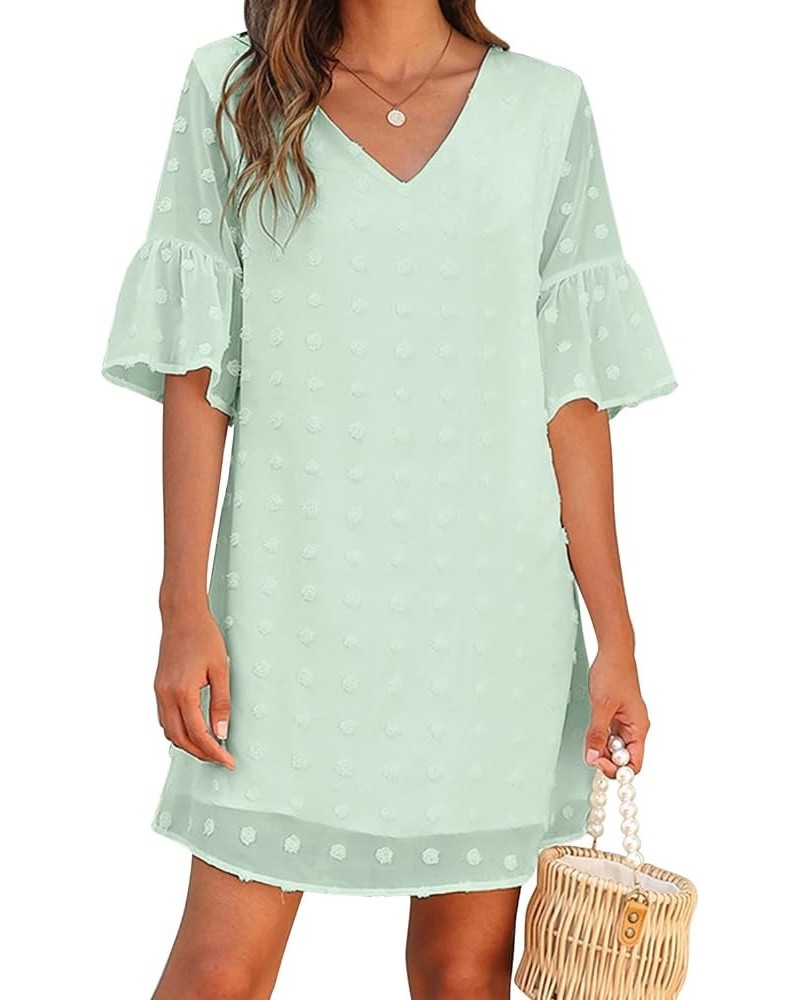 Womens White Dresses Short Sleeve V Neck Ruffle Cute Sun Dress Chiffon Flowy Shift Mini Dress Light Green $12.37 Dresses