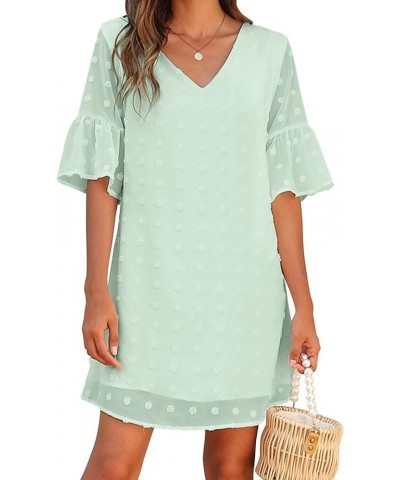 Womens White Dresses Short Sleeve V Neck Ruffle Cute Sun Dress Chiffon Flowy Shift Mini Dress Light Green $12.37 Dresses