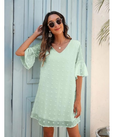 Womens White Dresses Short Sleeve V Neck Ruffle Cute Sun Dress Chiffon Flowy Shift Mini Dress Light Green $12.37 Dresses