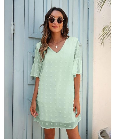 Womens White Dresses Short Sleeve V Neck Ruffle Cute Sun Dress Chiffon Flowy Shift Mini Dress Light Green $12.37 Dresses