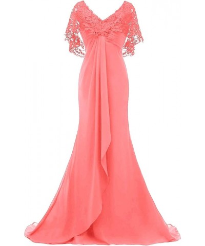 Mother of The Bride Dresses Long Prom Evening Gowns Mermaid Wedding Dress Lace Cloak Ruffles Peach $39.48 Dresses