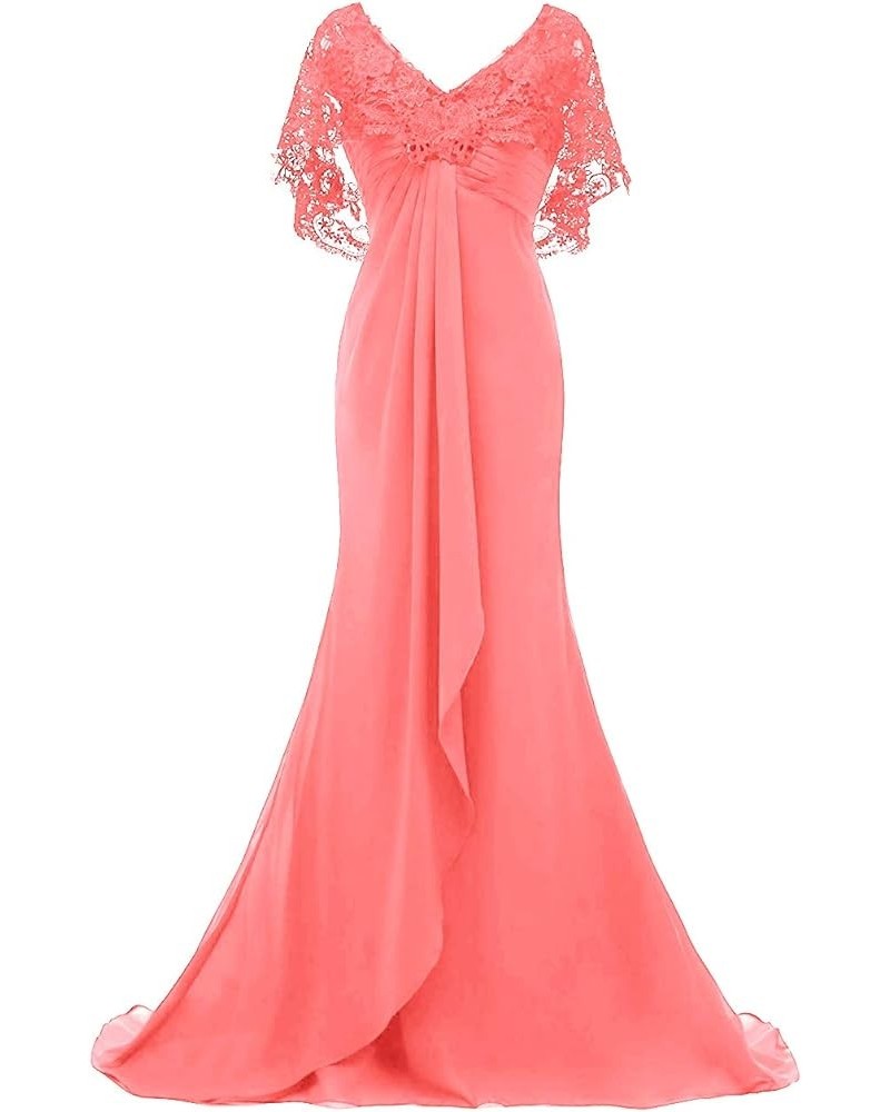 Mother of The Bride Dresses Long Prom Evening Gowns Mermaid Wedding Dress Lace Cloak Ruffles Peach $39.48 Dresses