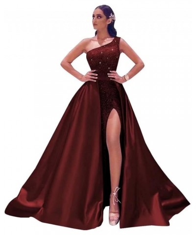 Prom Dresses Long Ball Gown Sparkly Sequin One Shoulder Satin Slit A Line Evening Party Dress for Women Formal Burgundy $31.7...