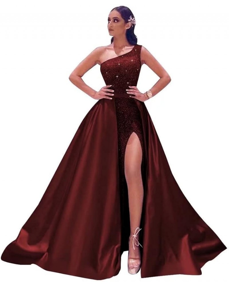 Prom Dresses Long Ball Gown Sparkly Sequin One Shoulder Satin Slit A Line Evening Party Dress for Women Formal Burgundy $31.7...